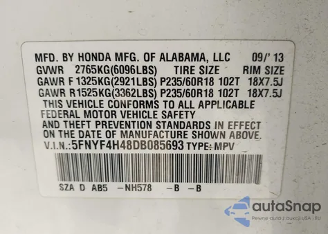 2013 Honda Pilot Ex из США, поврежденный, VIN 5FNYF4H48DB085693